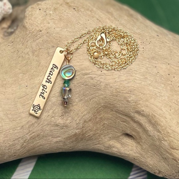Gold or Silver Stamped BEACH GIRL Pendant w Abalone Shell Crystal Beads Necklace - Picture 6 of 16